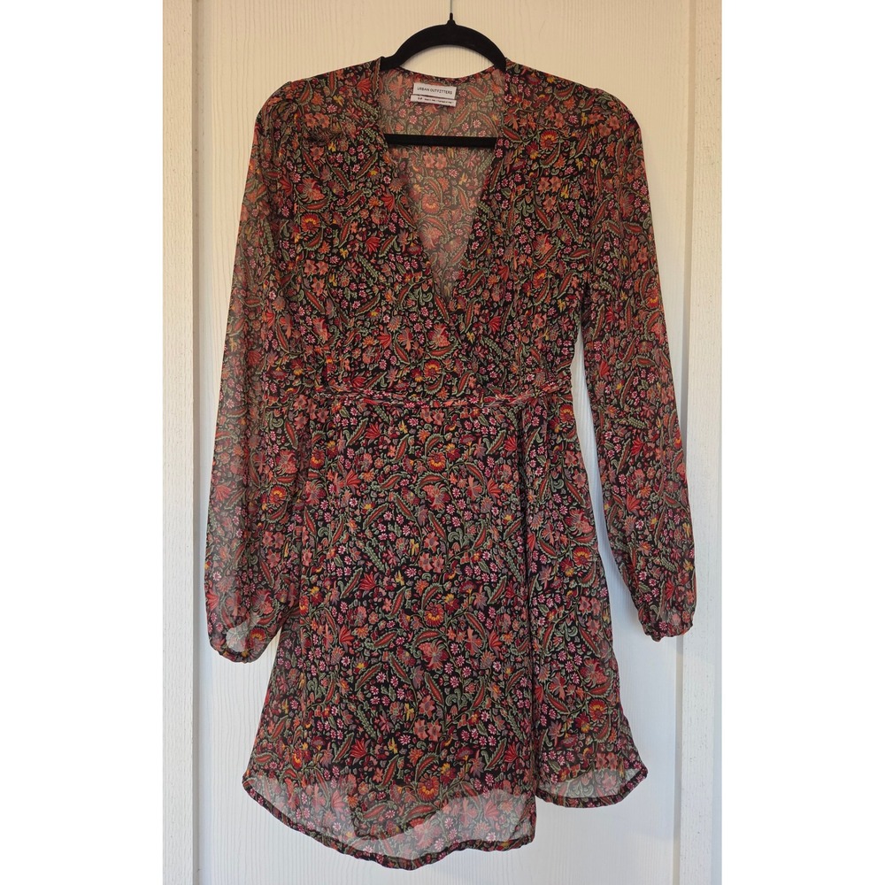 Urban Outfitters Floral Mini Wrap Dress Size S Long Sleeve Fall Cottagecore Boho